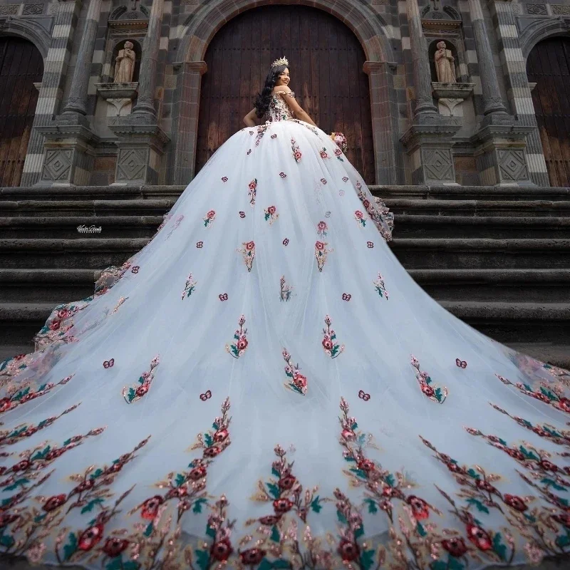 

Sexy Sweetheart Princess Quinceanera Dress 2024 Off Shoulder Corset Appliques Flower Tull Sweet 16 Vestidos De 15 Anos