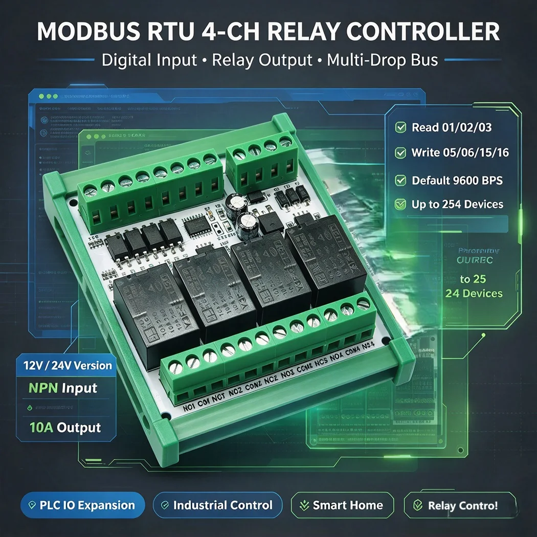 4DI4DO RS485 Modbus RTU Relay Module Pulse Counter Remote Cross-Board Control Latch Interlock Momentary 10A TVS Surge DIN Rail