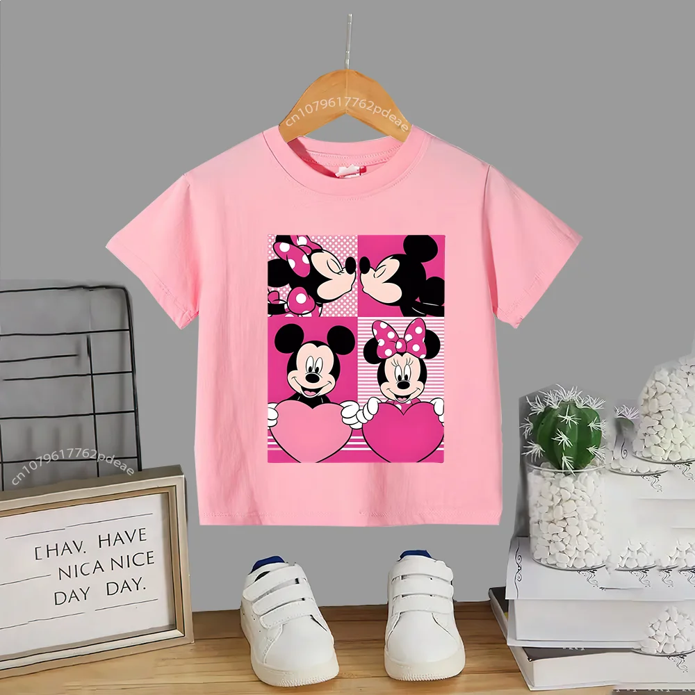 Disney Teen 100% Cotton T-shirt Doll Top Mickey Minnie Love Print Cotton T-shirt Boys Girls Comfortable Casual crew neck Short s