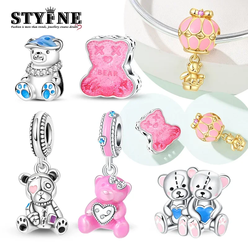 

New 925 Silver Cute Bear Series Pink Bear Beads Love Hug Heart Charms Fit Original Bracelet for Women DIY Fine Exquisite Gifts