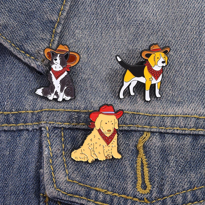 Cute Golden Retriever Beagle Border Collie Enamel Pins Cartoon Cowboy Dog Animal Brooches Lapel Badge Funny Jewelry Gifts