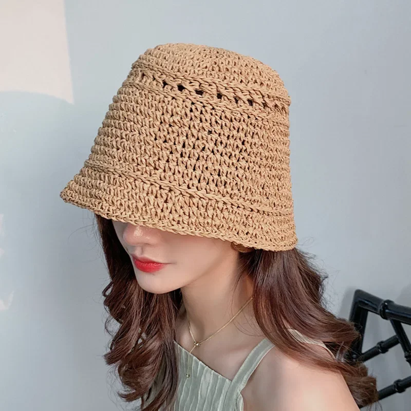 Women Hand-woven Bucket Fisherman Hat ladies Fashionable Straw Beach  Casual solid color vocation Summer Sun s anti-UV