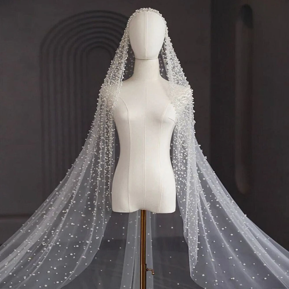 Luxury Cathedral 3/4/5M Long Wedding Veil With Pearls High End Beaded 1 Tier Pearl Veil Bridal Hair Accessories VP113