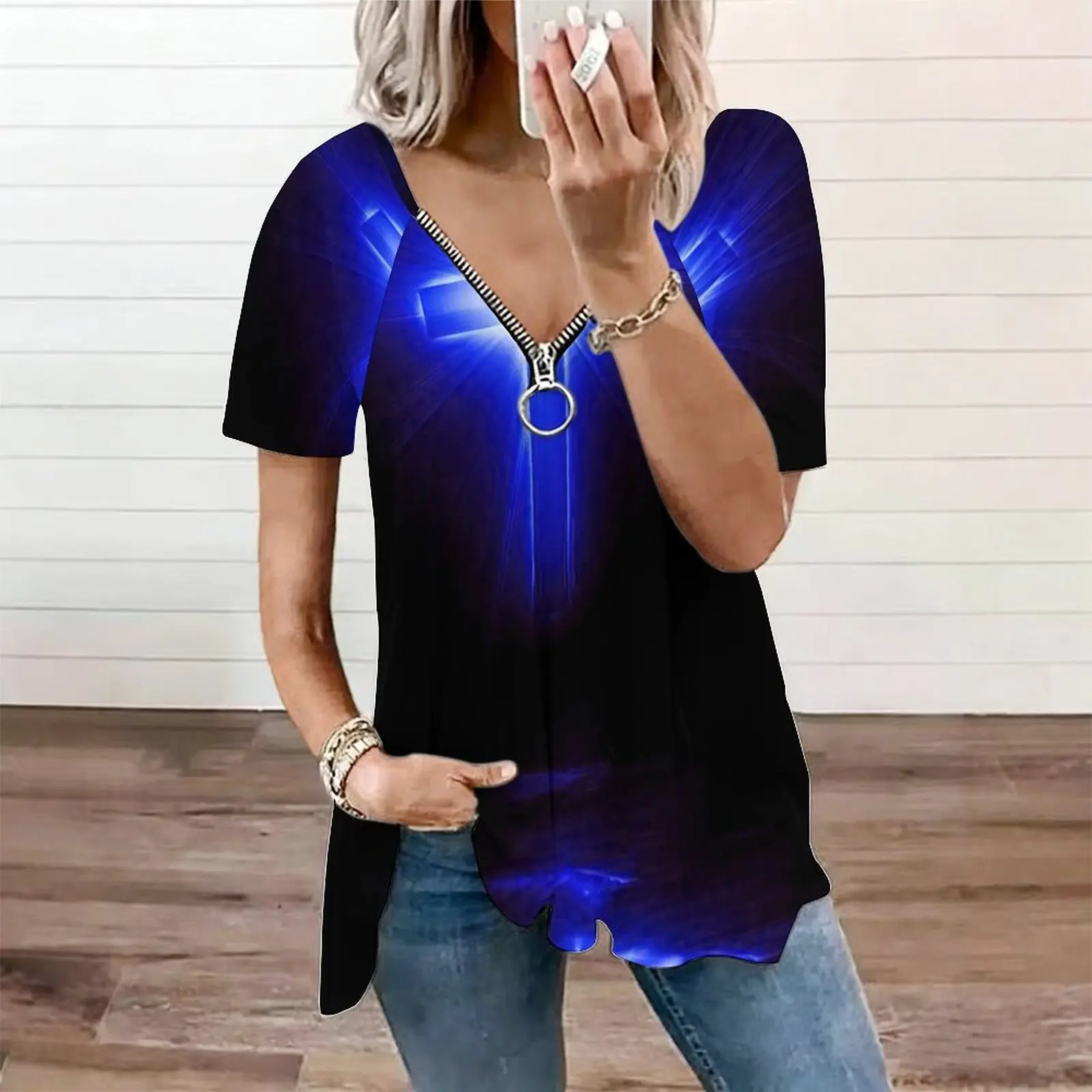 Women Cross Letter Print Zip V Neck Irregular Hem Short Sleeve Casual Tunic Tops