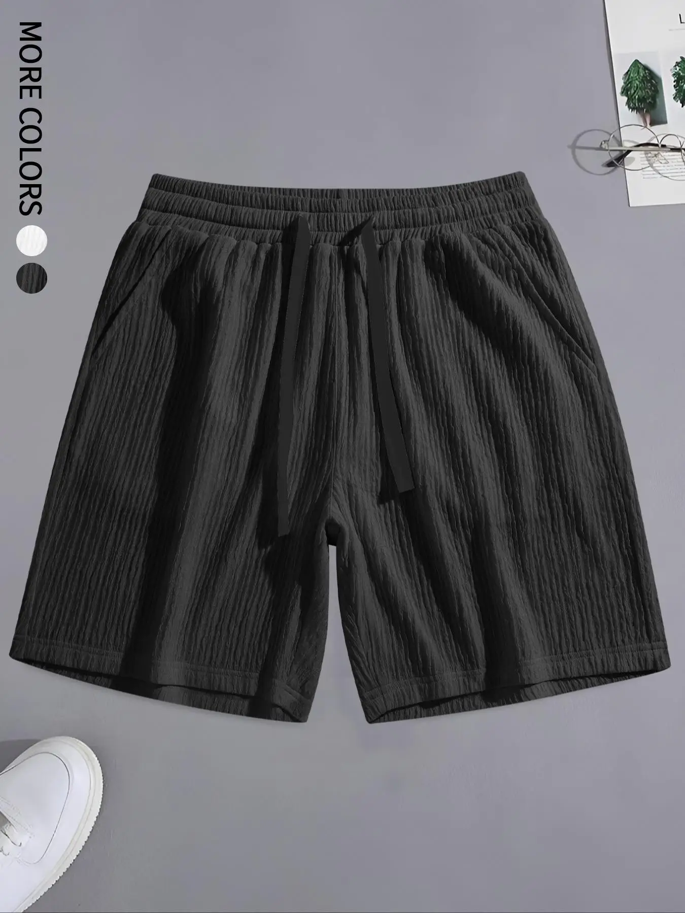Men's Regular Style Pleated Plain Casual Shorts with Drawstrings and Pockets, Summer Drapedy Breathable Ice-Feel Straight Shorts, Couple Style, Suitable for Home Leisure, Date, Daily Matching, Running, Multi-Scenario Wear