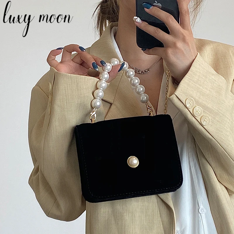 Retro Elegant Women's Luxury Handbag with Pearl Chain Black Suede Small Shoulder Messenger Bag Wedding Party Purse ZD1877