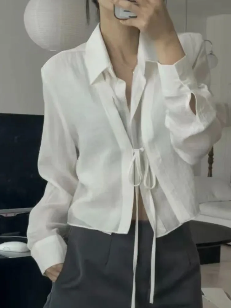 White irt Women's Spring New Small Design Sense Fake Two-Piece Belted irt Age-Defng Long Sve Top Korean Sle High W...