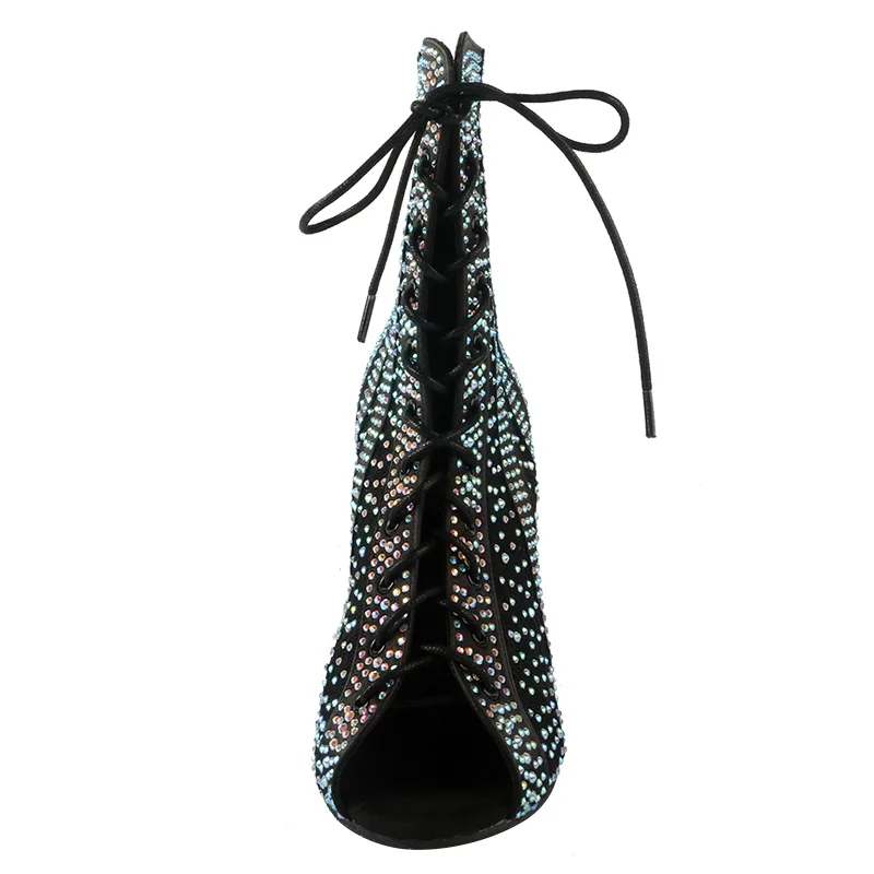 Wedopus New Style Latin Dance Shoes Boots Suede Sole Rhinestone Black Women Shoes for Dancing Open Toe 7CM