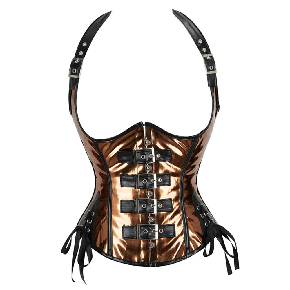 

Women Gothic Underbust Corset Top PU Leather Halter Bodice Lace Up Waist Trainer Body Shaper Bustiers Belt