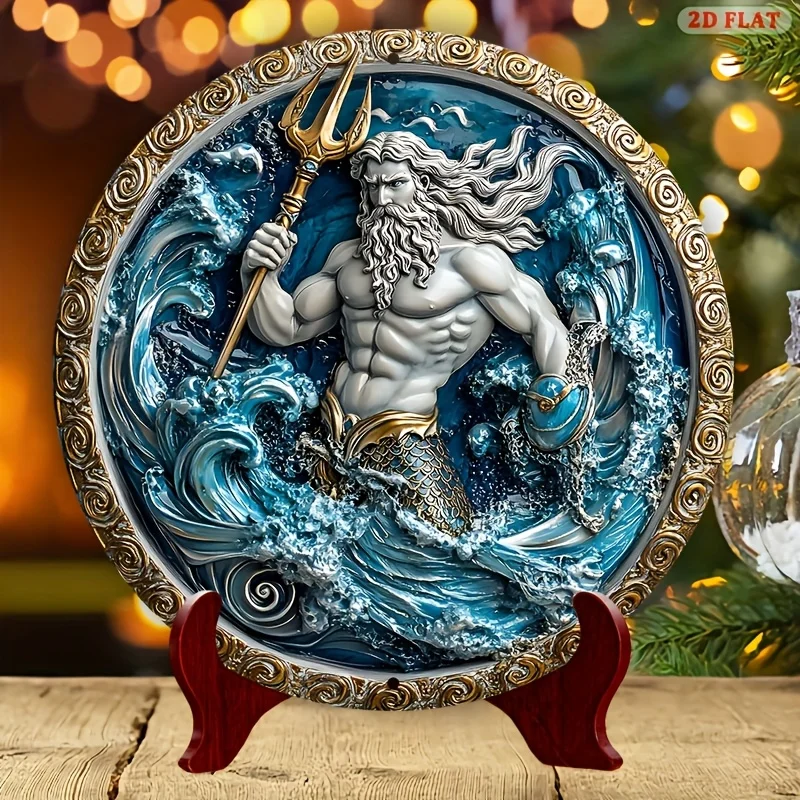 [2D Flat] 1pc 2D Flat Printing Poseidon Aluminum Wall Art - 7.87x7.87 Inch Round Metal Sign, Retro Style, Blue & White Nautical
