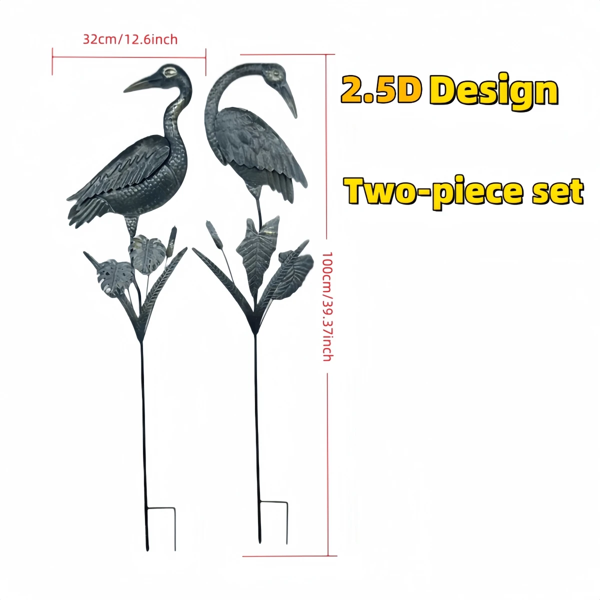 Vintage-Style Iron Art Crane Garden Stake Set of 2 for Outdoor Courtyard Garden Decoration, 2.5D Three-Dimensional Design, 100cm Tall Metal Animal Stake
