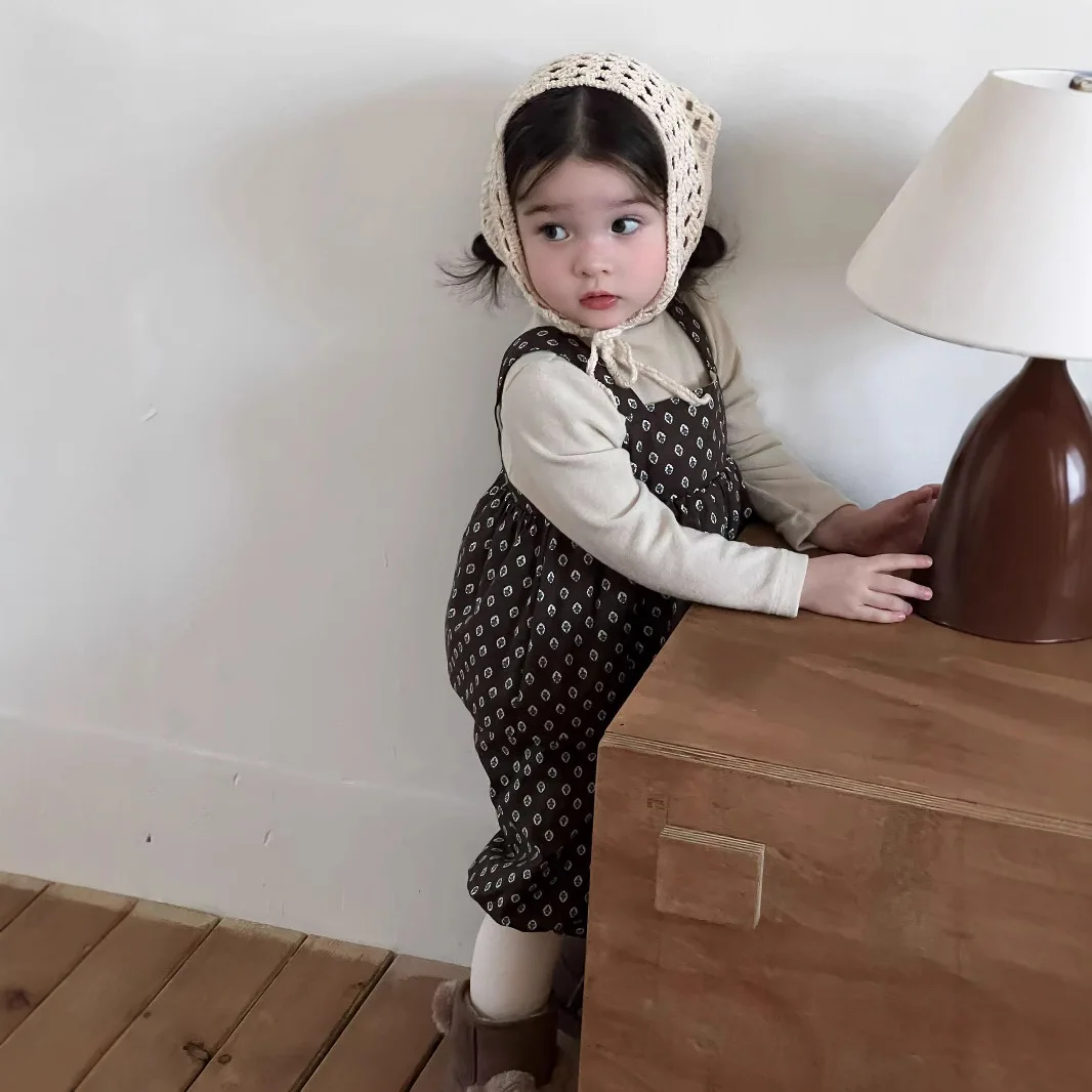 Baby Girl Fashion Cotton Set Girls Winter Thick Suspender Top Patchwork Pant Set Versatile Two Piece Set