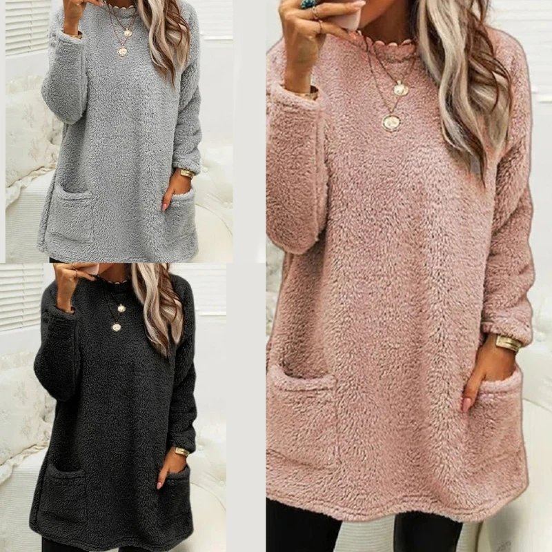 95AB Felpa Girocollo Oversize da Donna Casual Sherpa Pullover Top Maglione Caldo Camicie a Maniche Lunghe Allentate Tuniche