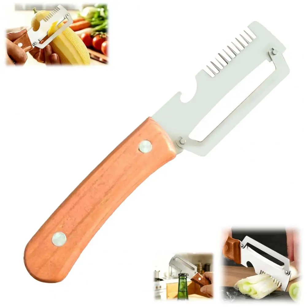 Paring Knife Ergonomic Wood Handle Knife Ergonomic Vegetable Peeler with Wide Curved Blade 2-in-1 Fruit Peeler Bottle Opener
