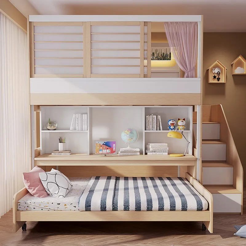 #Kids Loft Bed With Desk And Pull Out Trundle Space Saving High Low Sleeper Twin Bed Frame Bunk Bed With Storage For Small Room