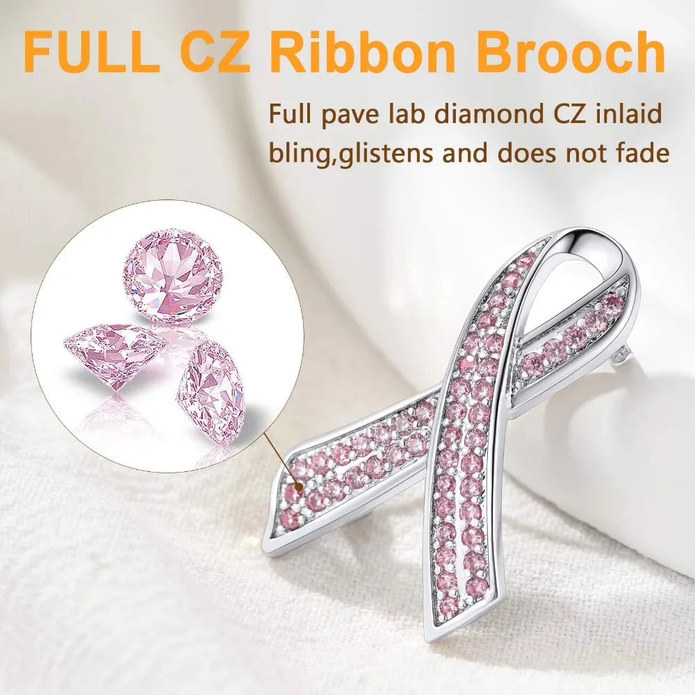 U7 Breast Cancer Awareness Pink Ribbon Brooches for Women White Cubic Zirconia Pin Classic Sign Symbol Unisex Jewelry B120