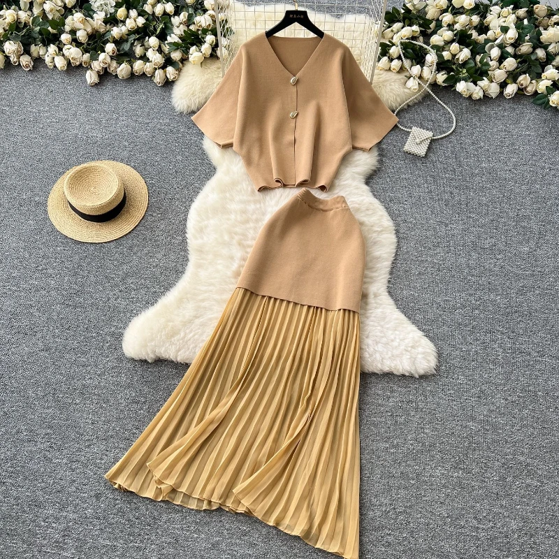 

Two Piece Sets Women Skirt Matching Sets Dress Sets Knit Tops Long Skirts Pleated A Line High Waist Y2k Streetwear Elegant Work