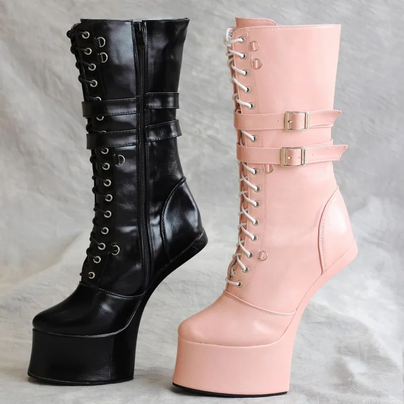 18cm/7 inch Hoof Heel Women Ballet Boots,Fetish Platform Booties,Men Cosplay Shoes,Wrist  BUckles Strap Botas,Custom Colors,Pink