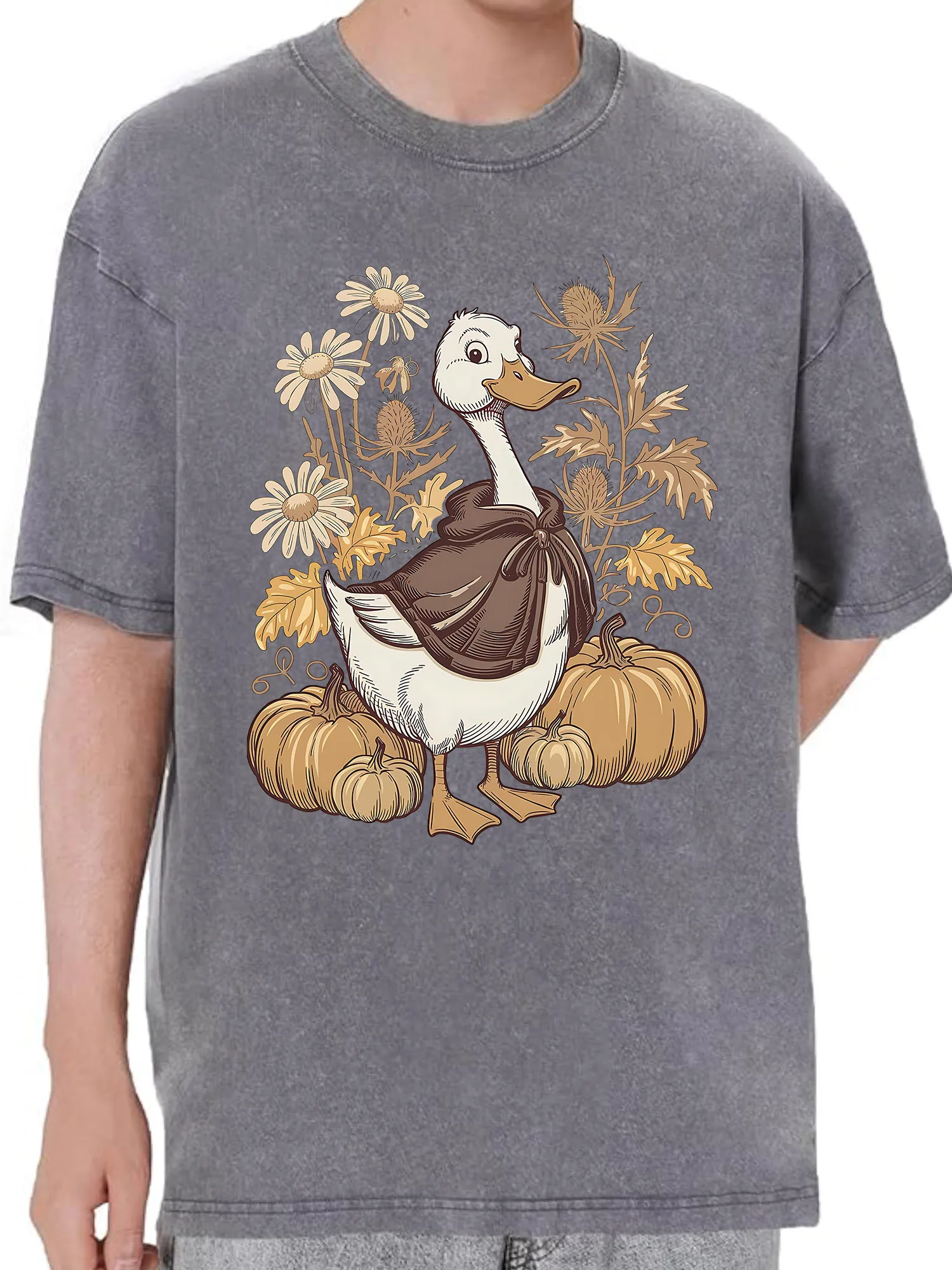 

Duck Oversized Washed Graphic T-Shirt, 100% Cotton Streetwear Tee for Men, Vintage Hip Hop Loose Fit Tops