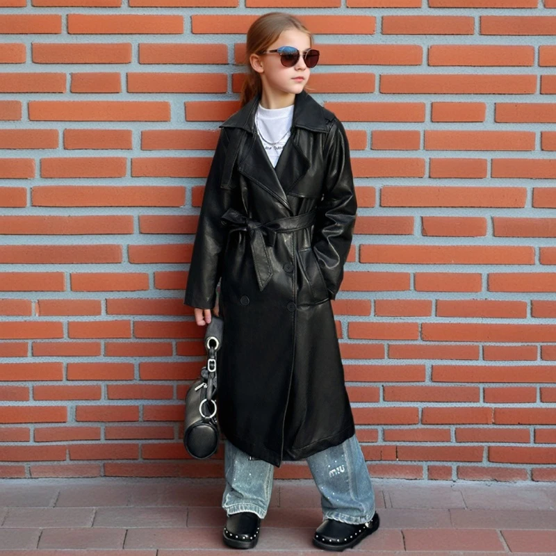 

Teen Girls Trench Coats Autumn Black PU Leather Long Overcoat 6 To 14 Years Children Jacket Tops Fashion Casual Kids Outerwear