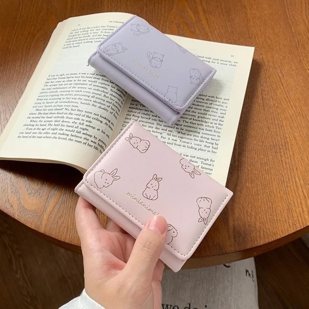 Lightweight Korean-Style Cartoon Trifold Wallet Cute Pattern Minimalist Card Holder Rabbit Soft Pu Leather Coin Purse Dating