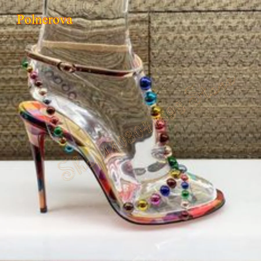 

Colorful Pearl PVC Sandals Peep Toe Thin Heel Women Shoes Leather Buckle Heels Wedding Party Heels 2024 New Zapatos Para Mujere