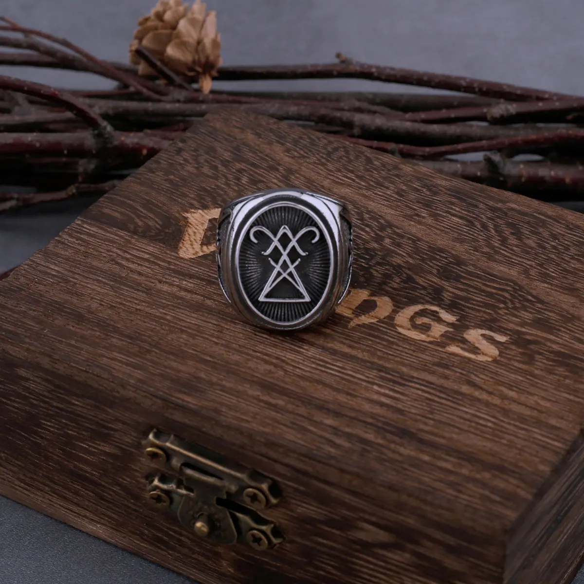 Vintage Stainless Steel Lucifer Ring Mens Gothic Charm Hip Hop Amulet Biker Ring Simple Jewelry Gift Wooden Box Dropshipping