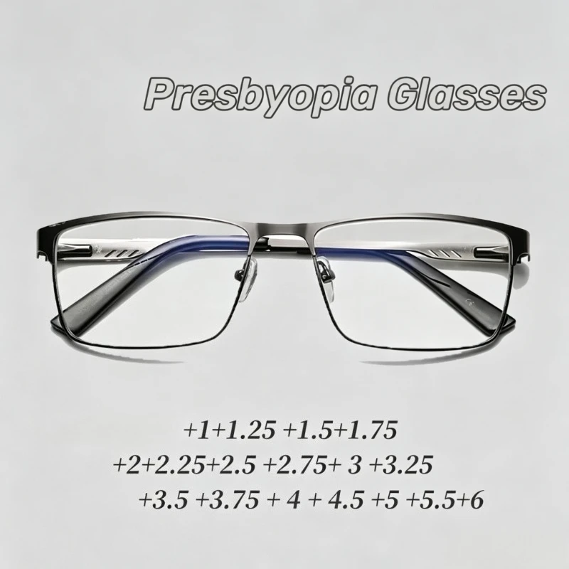 Men Square Metal Large Frame Reading Spring Leg Elderly Presbyopia Glasses Blue Light Blocking Eye Protection Eyeglasses
