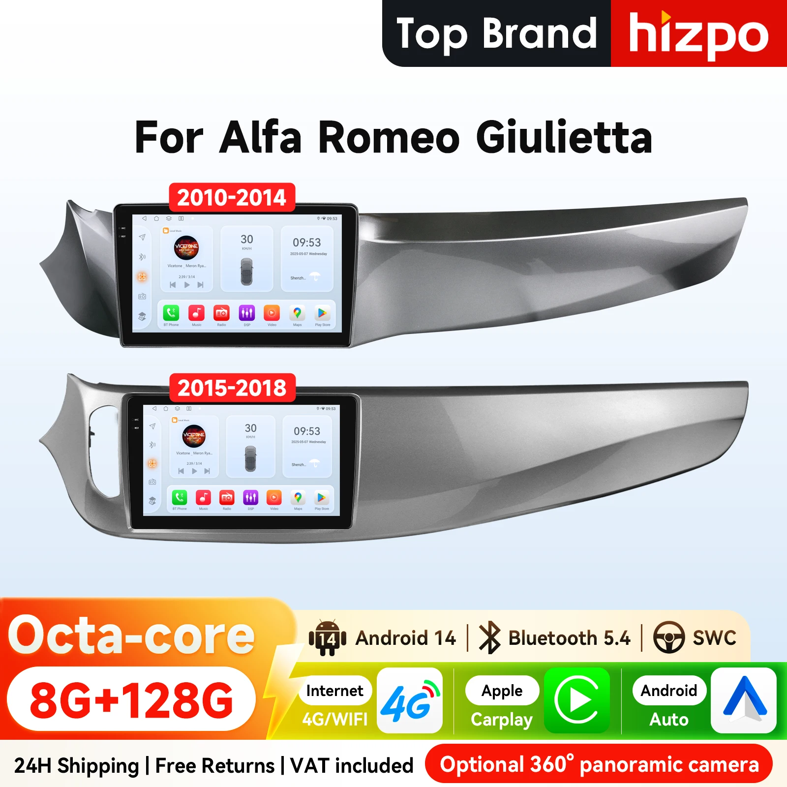 Hizpo 9 Zoll Android14 Autoradio für Alfa Romeo Giulietta 2010–2018 Furgonato DSP RDS GPS 4G BT CarPlay Snapdragon 6115 360 ° CAM