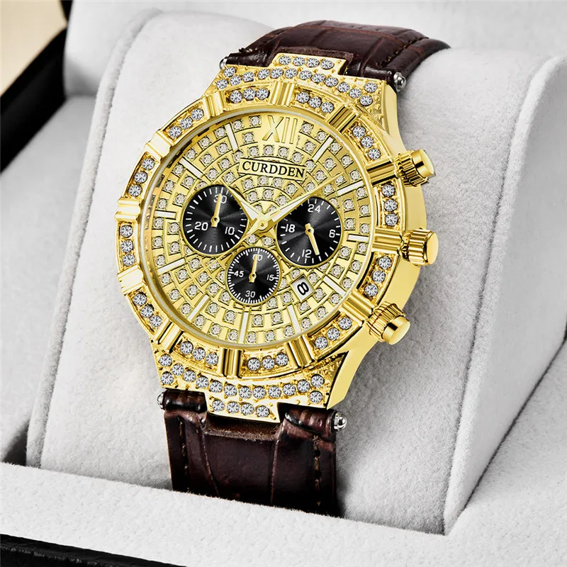 1pc / lot CURDDEN Brand Watches For Men Fashion Casual Leather Band Diamond Date Quartz Vintage Wrist Watch Silver Montre Homme