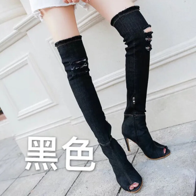 Trend Women Denim Over The Knee Boots Fishmouth Stiletto Heel Elastic Thigh High Jean Boots Ripped Frayed Trim Club Party Shoes