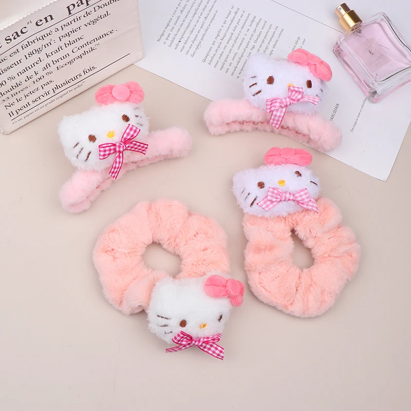 Hello Kitty Scrunchies Cartoon Sanrio Elastic Hair Ring Hair Rope Sweet Ponytail Hair Accessory Face Washing Make Up Hair Circle