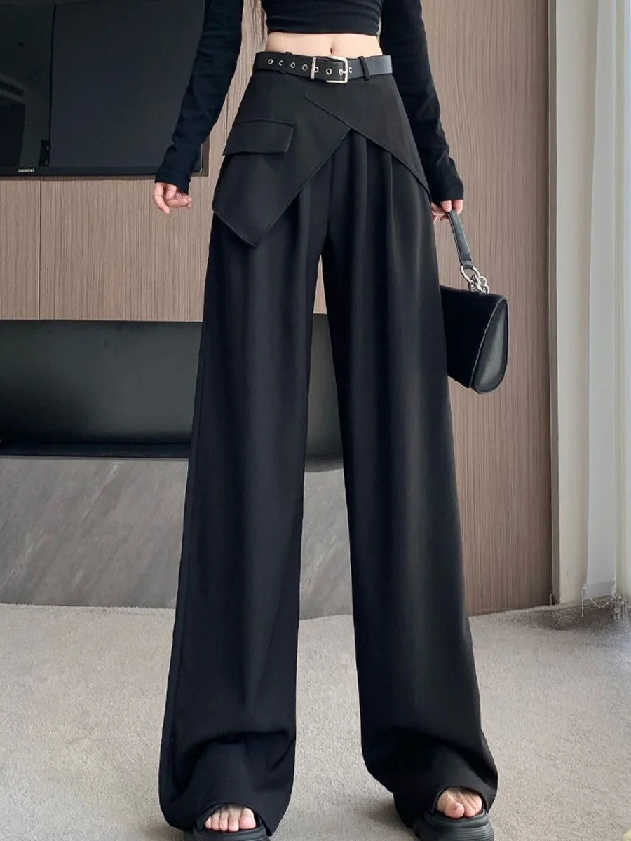 High Waist Wide Leg Pants Women's Casual Straight Cut Loose Fit Draped Floor Length Trousers Asymmetrical Design Autumn New A...