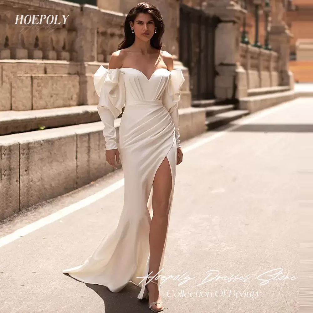 Hoepoly-vestidos de novia sencillos con escote Corazón, vestidos de novia de sirena de satén ajustados, vestidos de novia con abertura lateral, hasta el suelo, vestidos de fiesta de princesa