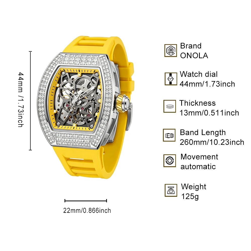 ONOLA Men's Mechanical Watch Alloy Case Yellow Full Rectangular Crystal Ice Flower Bezel Exposed Gear Hollow Dial Waterproof