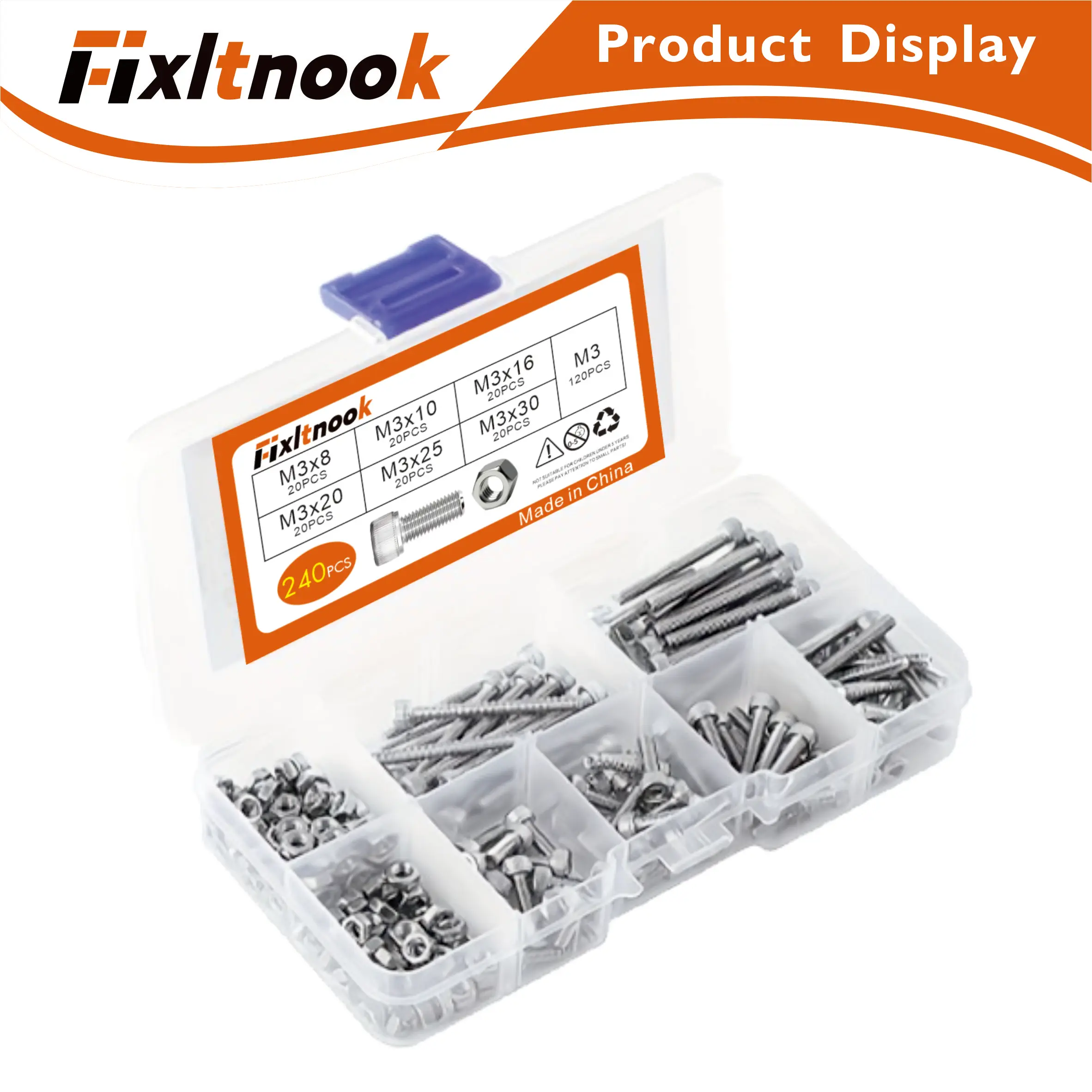 

240 pieces, 304 stainless steel cup head hexagonal bolt combination set, M3 8-30mm , Metric Hexagonal Drive