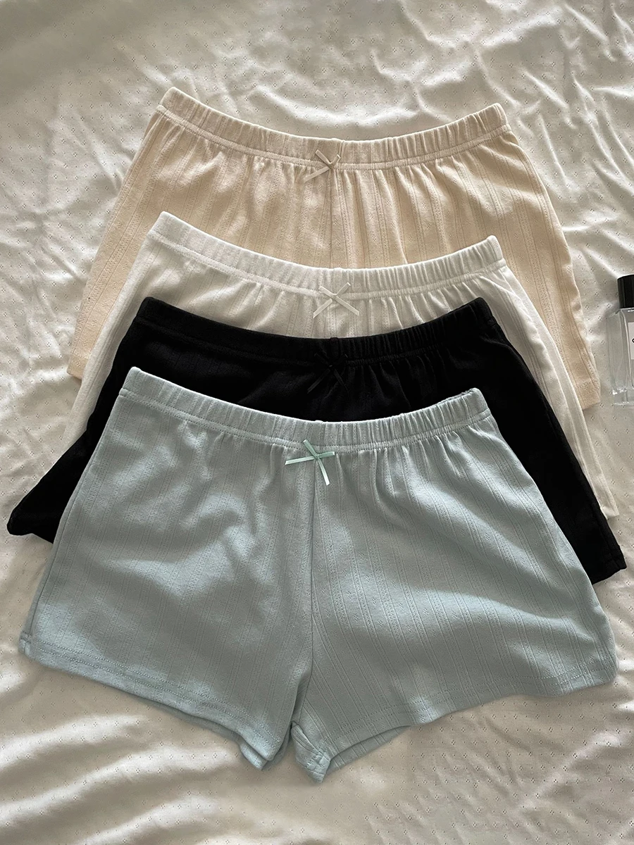 

New Solid Eyelet Straight Sweatshorts Woman Summer Bow Elastic Waist Cotton Basic Short Pant Casual Sweet Home Pajama Shorts