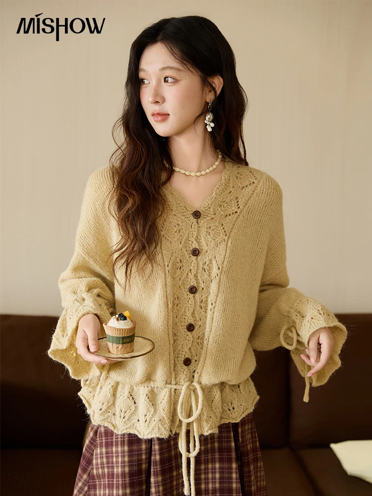 MISHOW Handmade Crochet Sweater Cardigan Autumn Mohair Flare Sleeve Knitted Tops Wave V-neck Lace-up Waist Sweater MXE47Z2513