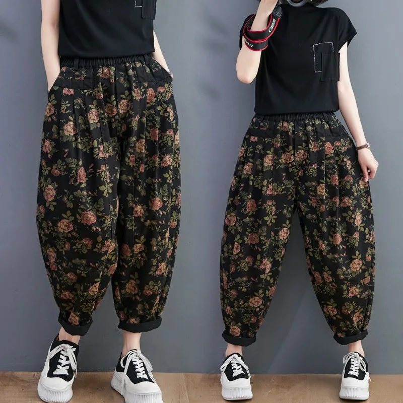 New Arrival 2023 Spring Autumn Arts Style Women Elastic Waist Cotton Denim Harem Pants Vintage Flower Print Loose Jeans P119