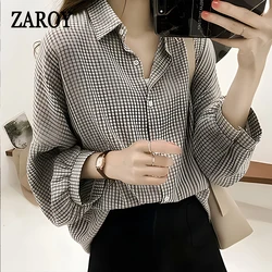 PLAZSON Loose New Spring Elegant Plaid Print Blouse Women Sexy Lapel Top Autumn Button Long Sleeve Shirt Streetwear