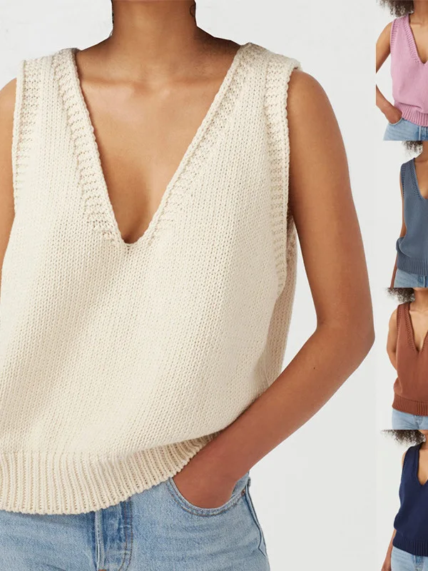 

Women's Loose Knitted Vest Svel Pure Color Sweater European Sle Casual Faion Online Exclusive Nylon Fabric Spring S...