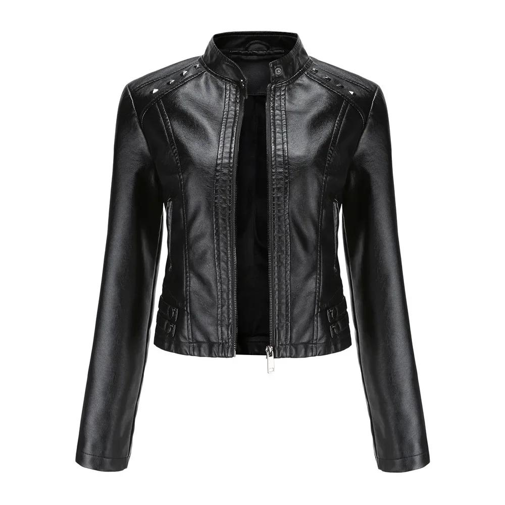 

NEW Women's Jacket Rivet Decorated Leather Coat Stylish Outerwear Size FashionableSpring Autumn Long Sleeve Stand Collar