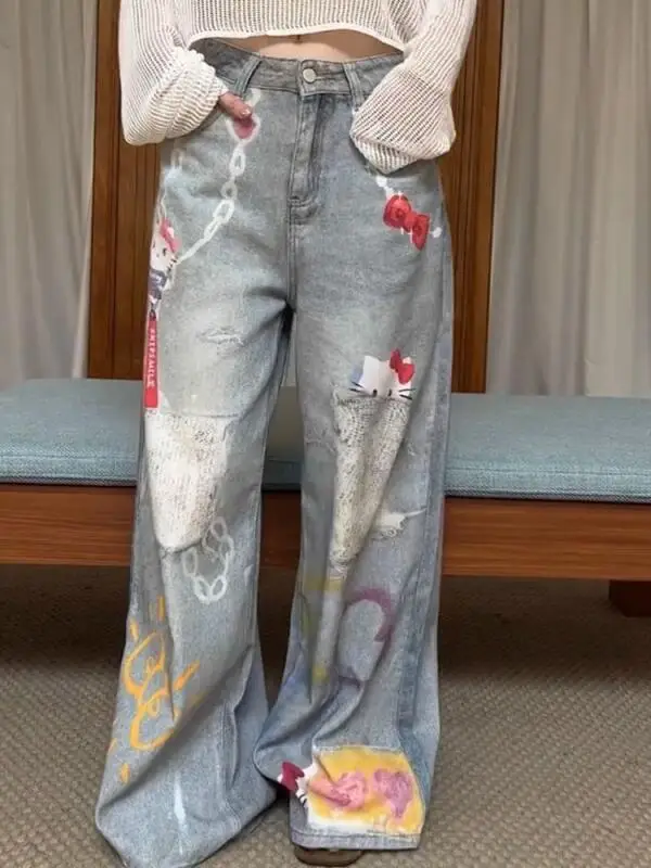 Hot Hello Kittys Jeans Cartoon Wide Leg Pants Version Streetwear Jean Women Fashion Vintage Loose Y2K Straight Trousers Gift