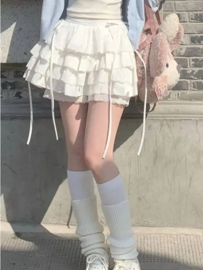 

White Mini Skirts Women Lace Patchwork Sweet A-line High Street Bow Korean Fashion Y2k Skirt Harajuku All-match Streetwear SZN8