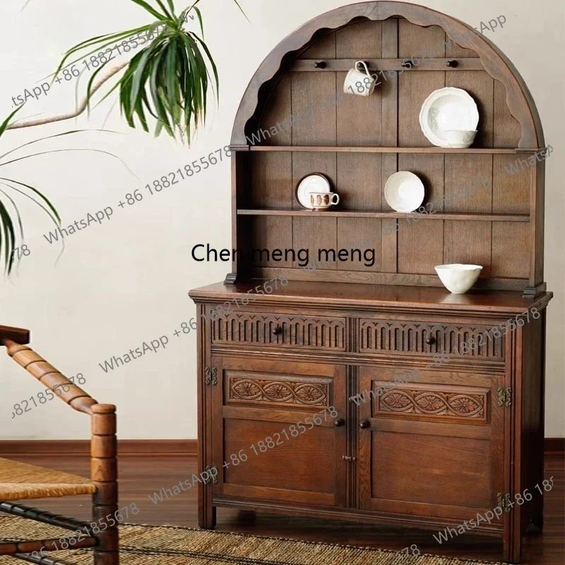 D80 Carved Side Cabinet American Vintage Arched Dining Side Cabinet Bowl and Plate Cabinet Living Room Display Storage Showcase
