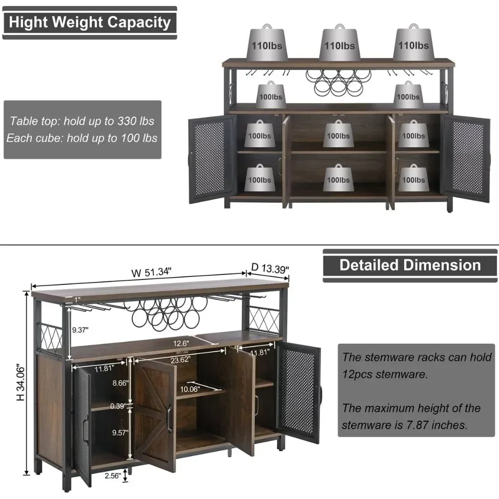 Farmhouse Liquor Cabinet Bar para casa, grande café bar com armazenamento, aparador buffet rústico, cremalheira do vinho, suporte de vidro