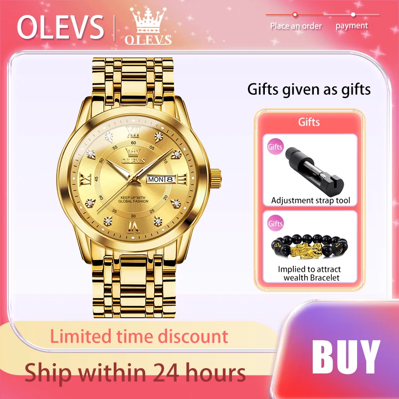 OLEVS Top Brand Men's Watches Gold Stainless Steel Strap Waterproof Quartz Watch Week Calendar Luminous Original Luxury Watch