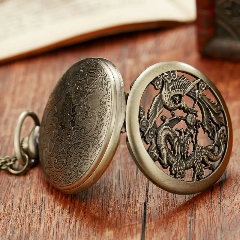 Double Dragons Playing with Beads Antique Bronze Men Hollow Quartz Pocket Flip Fob Clock Necklace Pendant Chain Relogio De Bolso