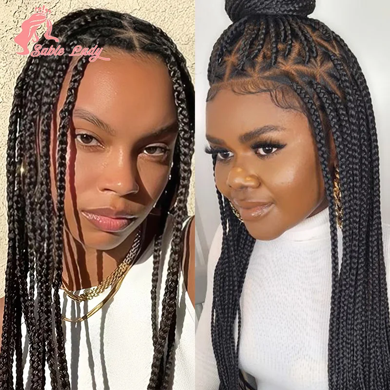 Wig kepang sintetis untuk kotak WANITA HITAM kepang segitiga rambut kepang renda penuh Wig renda Cornrow Lace Wig kepang rambut Wig wanita Sable