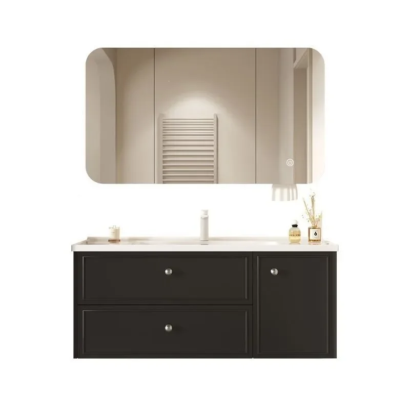 Modern French Style Rubber Wood Bathroom Vanity with Integrated Ceramic Sink Simple Washbasin Cabinet Combo for Home